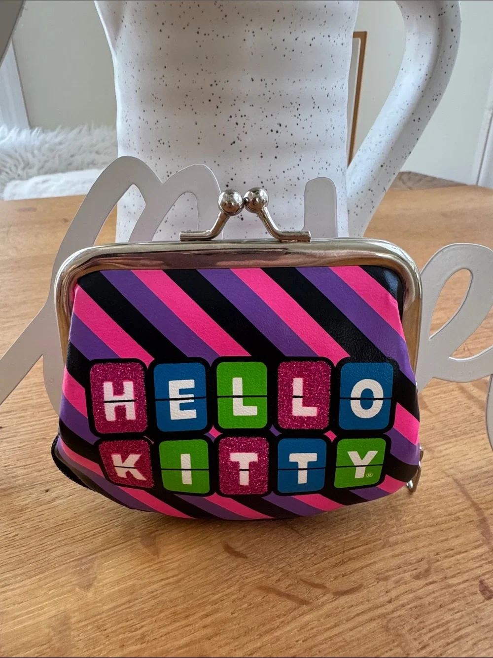 Hello Kitty Black, Pink & Purple Glitter Stripe Kiss-Lock Coin Purse